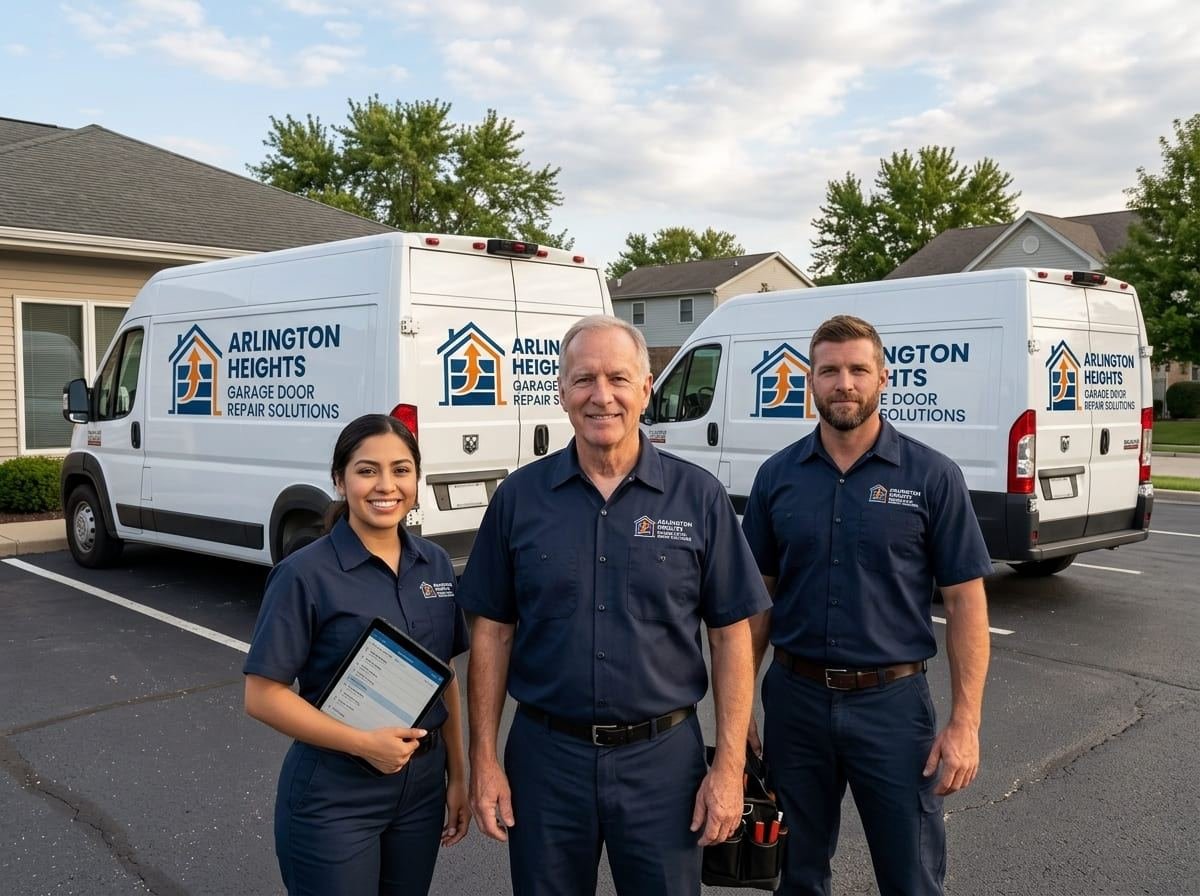 Three technicians from Arlington Heights Garage Door Repair Solutions in navy polo shirts standing in front of their sign-written service vans