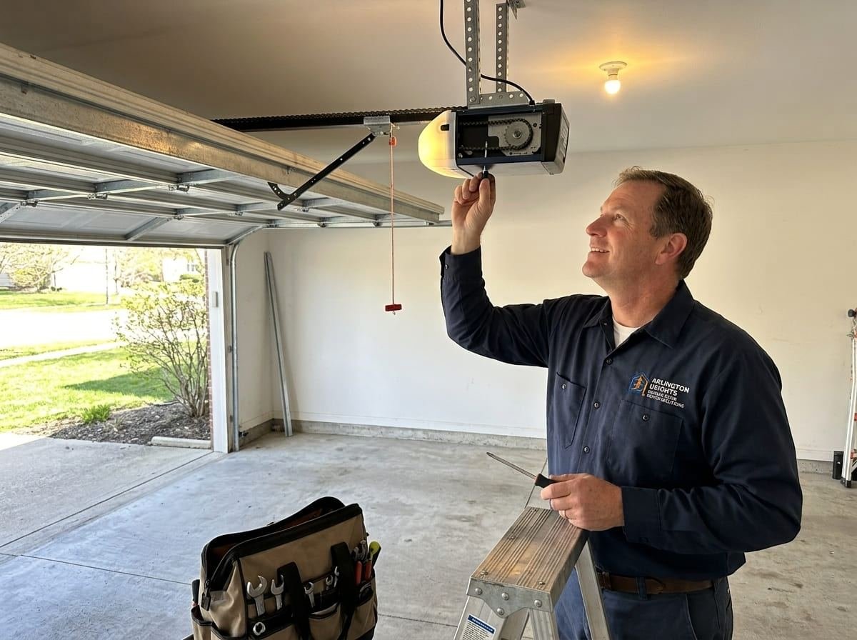 Technician inspecting a snapped torsion spring above a residential garage door in Arlington Heights, Illinois