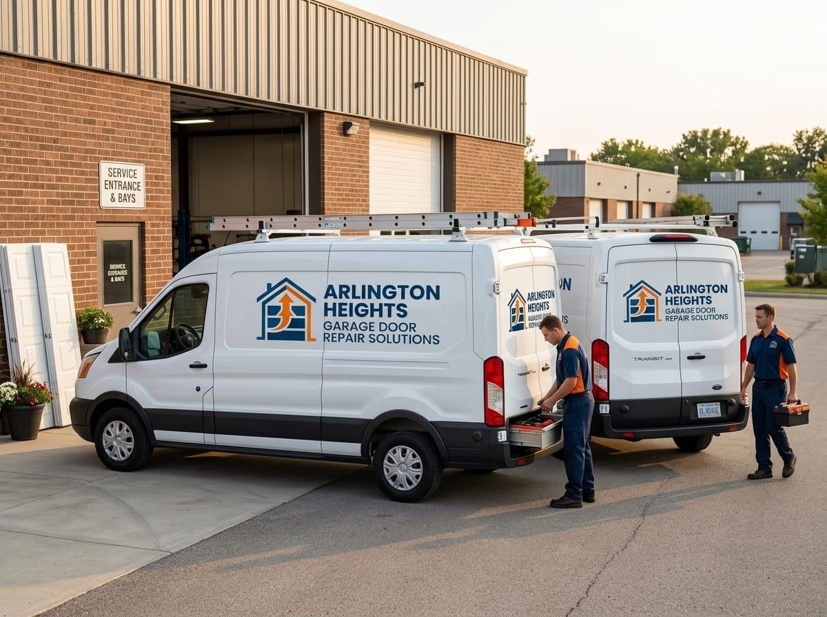 Technician servicing a rolling steel commercial garage door at a loading dock in Arlington Heights, Illinois