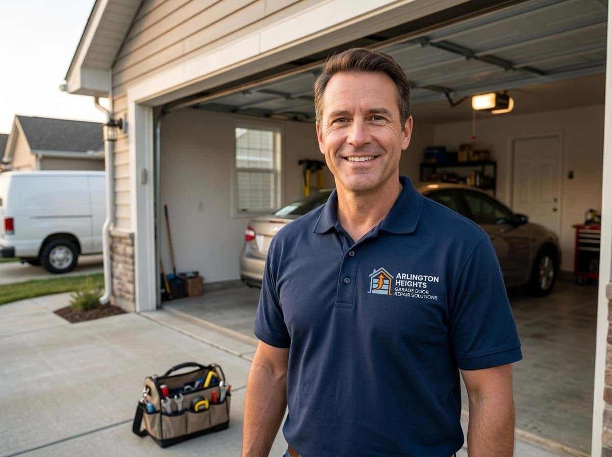 Dale Whitmore, owner and lead technician, standing in a navy polo shirt in front of an open residential garage door in Arlington Heights