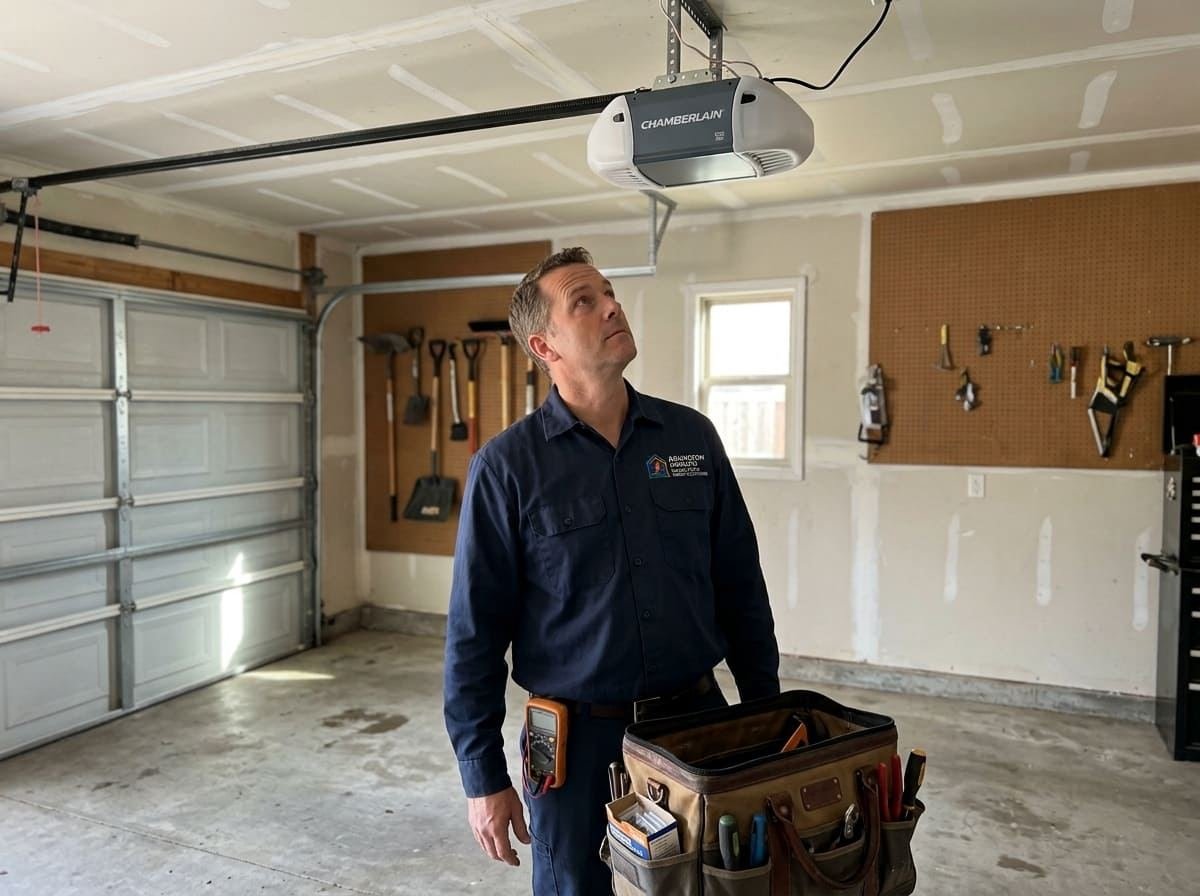 Technician testing a garage door opener that reverses before closing at a home in Arlington Heights, Illinois