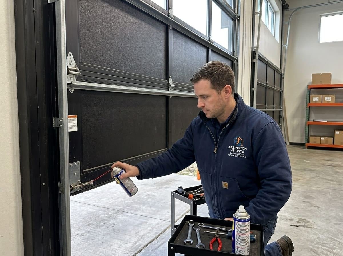 Technician examining a garage door panel and track during a cold-weather service call in Arlington Heights