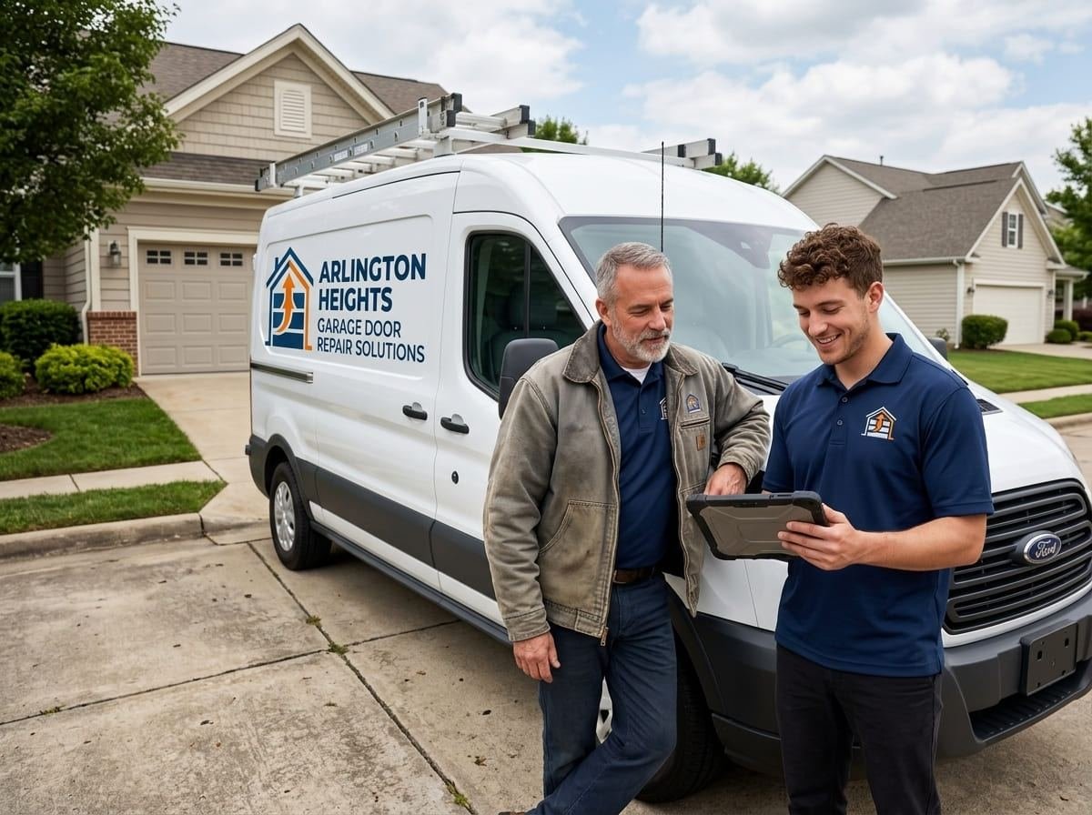 Explaining insulated door construction in Arlington Heights, IL Technician in a navy work jacket explaining the inside face of an insulated garage door section to a homeowner in an Arlington Heights