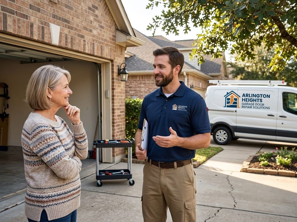 Technician showing a homeowner the broken coil of a torsion spring taken off their garage door in Arlington Heights