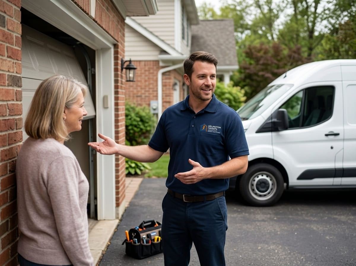 Discussing a garage door roller upgrade with an Arlington Heights homeowner Homeowner and technician discussing garage door roller and hinge condition in the driveway of an Arlington Heights home