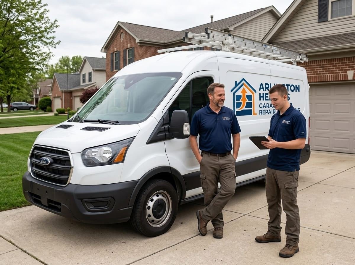 Winding a replacement torsion spring in Arlington Heights, Illinois Two technicians winding a replacement torsion spring on the shaft above a residential garage door in Arlington Heights