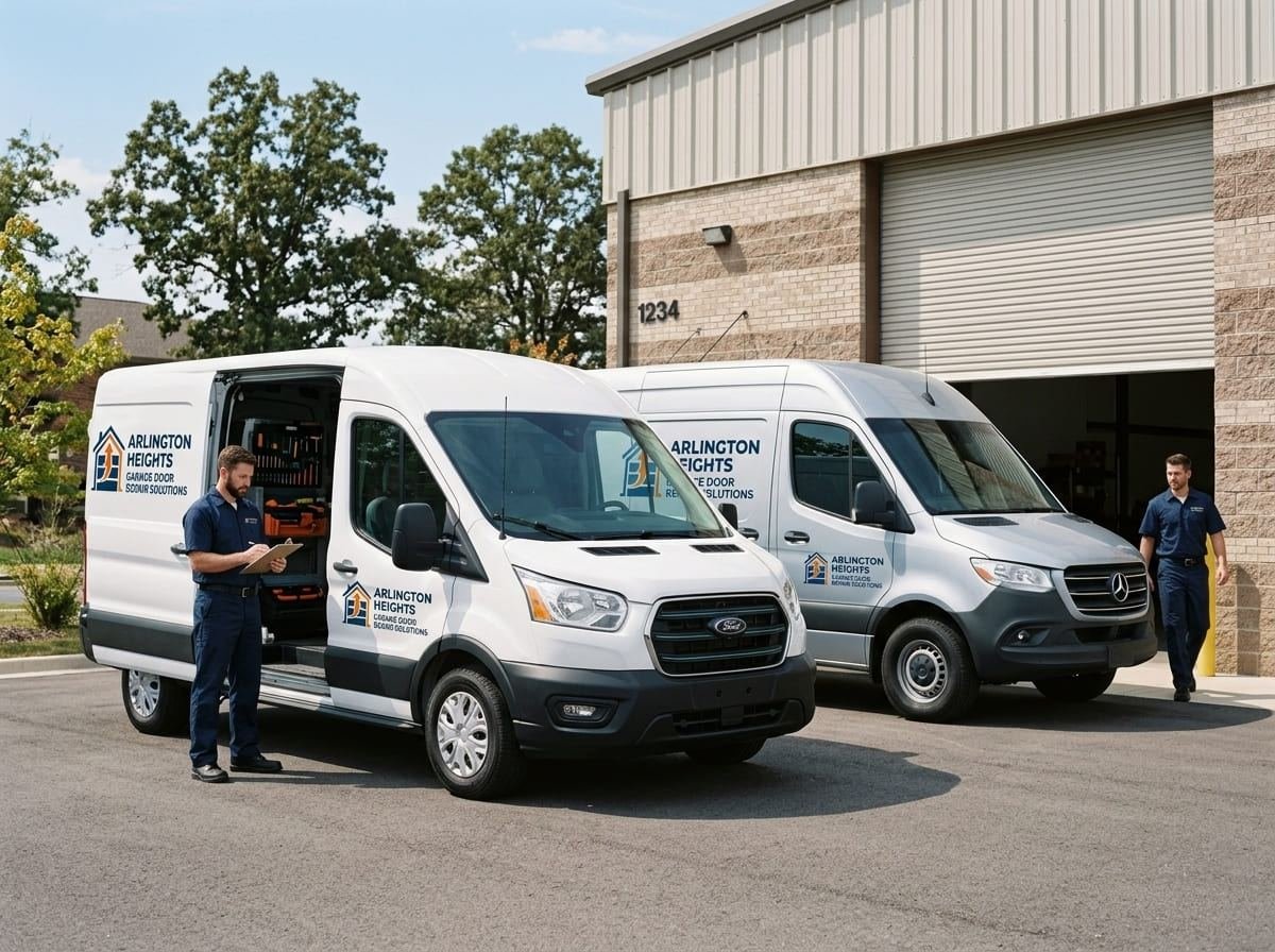 Garage door repair technician working at a suburban two-car garage on a tree-lined street in Northbrook, Illinois