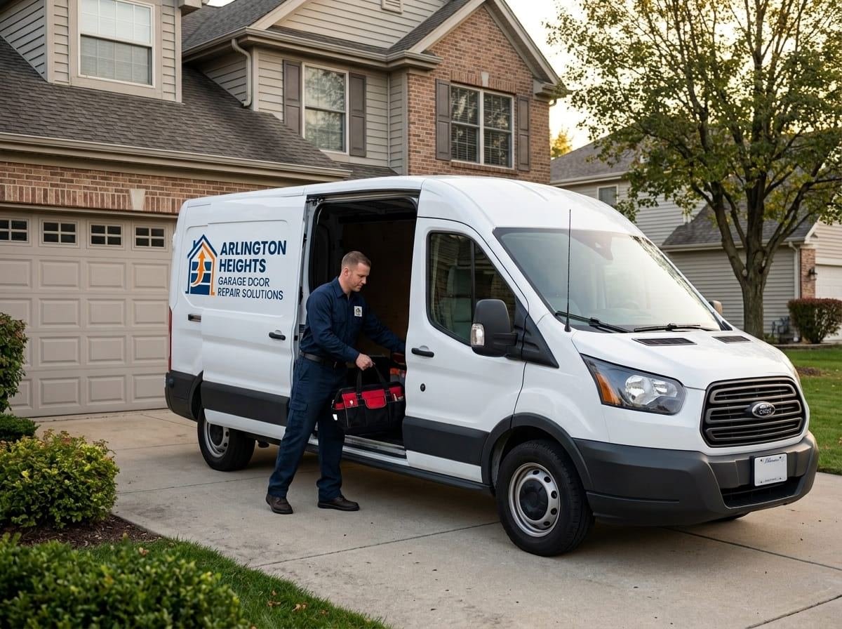 Technician loading springs, rollers and hand tools into the Arlington Heights Garage Door Repair Solutions service van