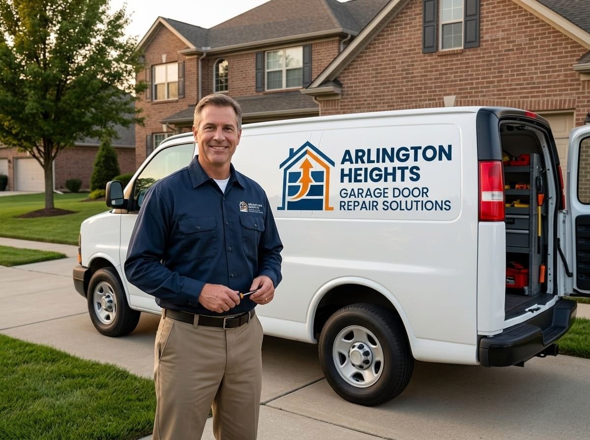 Technician from Arlington Heights Garage Door Repair Solutions standing beside the sign-written service van outside a home in Arlington Heights