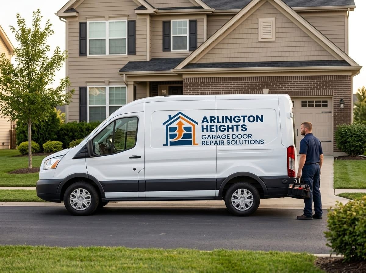 Arlington Heights Garage Door Repair Solutions service van parked outside a two-story brick home in Arlington Heights, IL