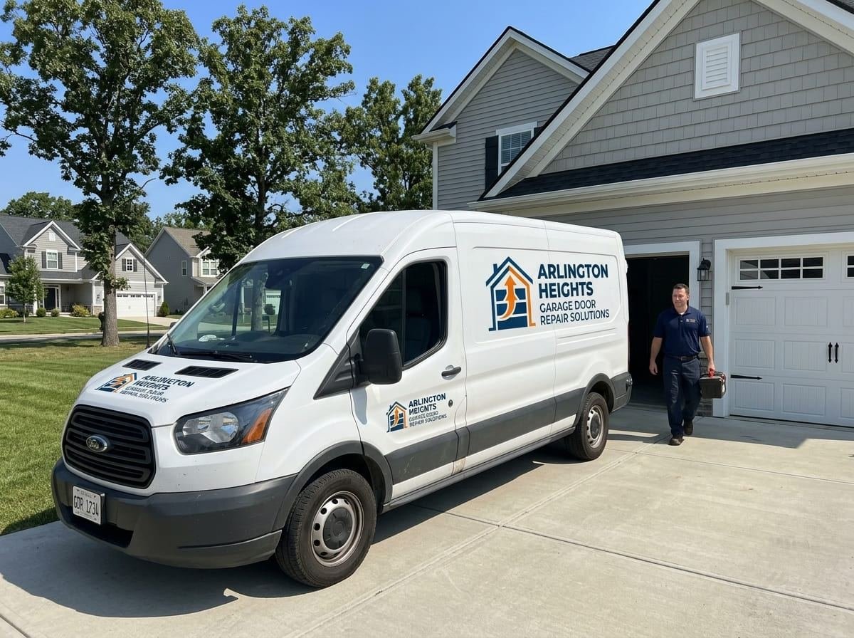 Arlington Heights Garage Door Repair Solutions van parked on a suburban driveway beside an open garage in the northwest suburbs