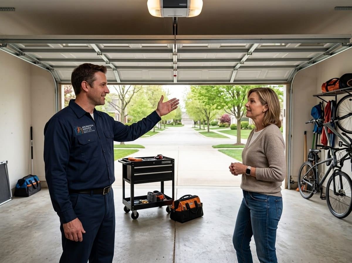 Technician in a navy company polo inspecting a chain-drive garage door opener in a Hoffman Estates, Illinois garage