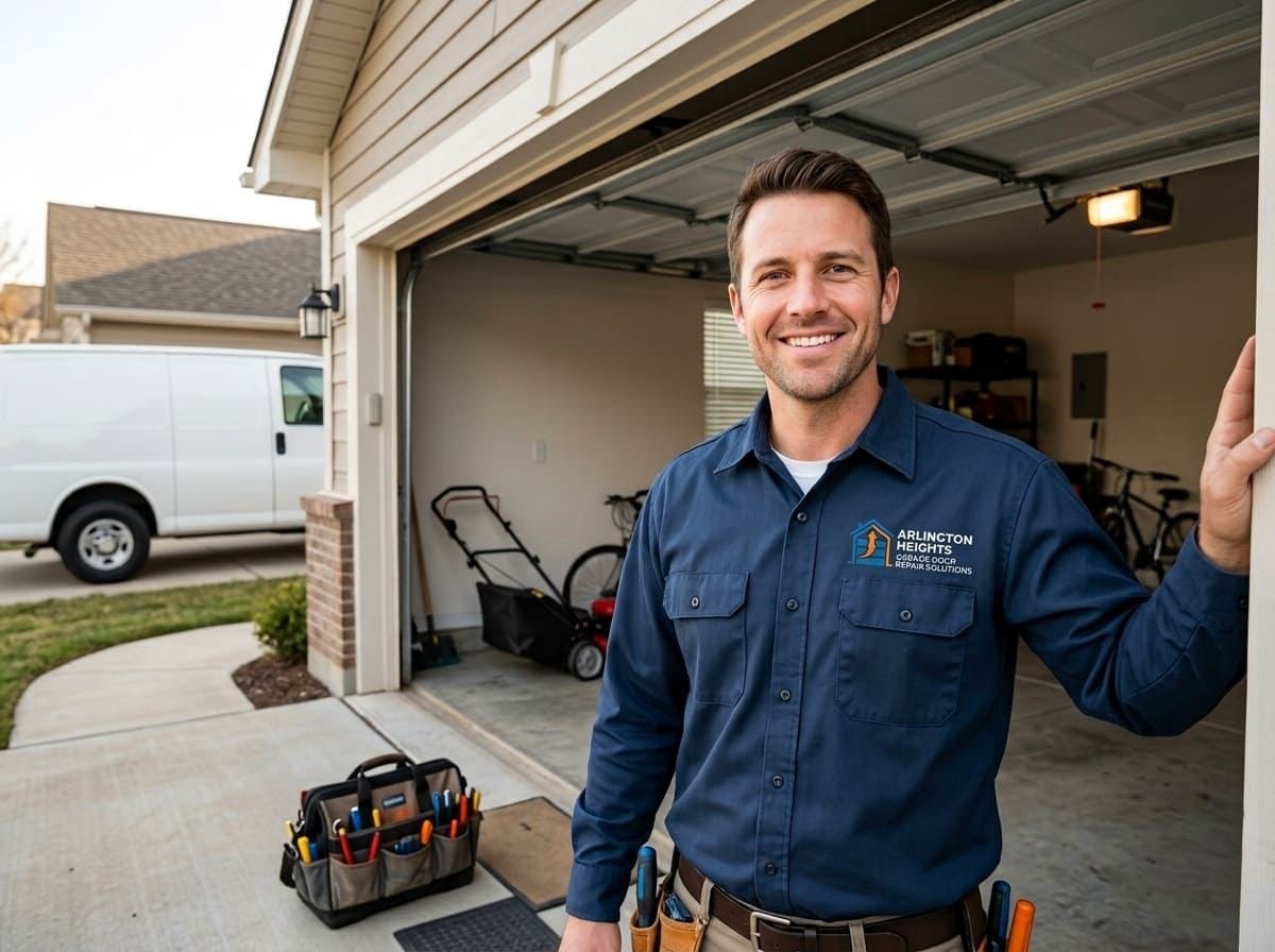 Garage door technician in Prospect Heights, Illinois Technician checking the safety reversal and photo eyes on a garage door opener at a Prospect Heights, Illinois home