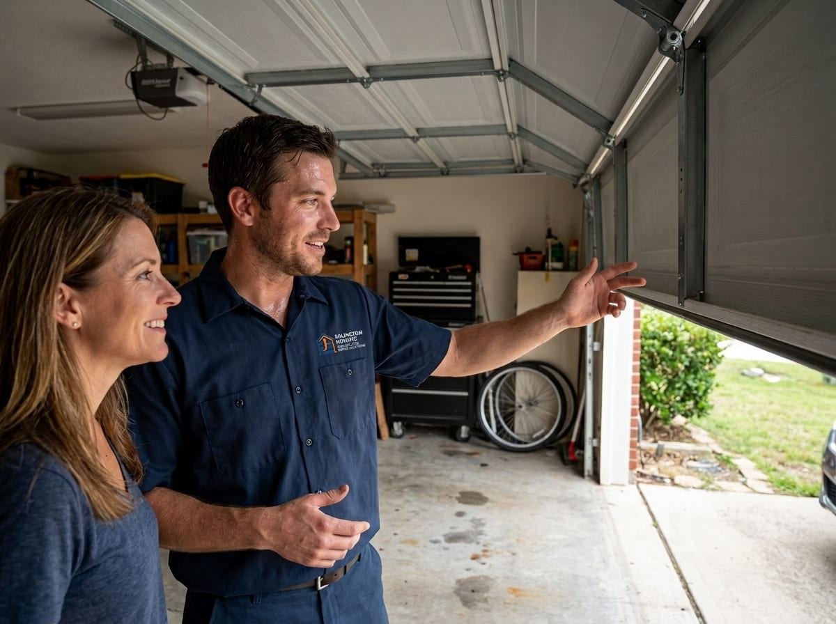 Inspecting the track base for salt damage in Arlington Heights, IL Technician showing a homeowner the base of a garage door track where it meets the garage floor in Arlington Heights, Illinois